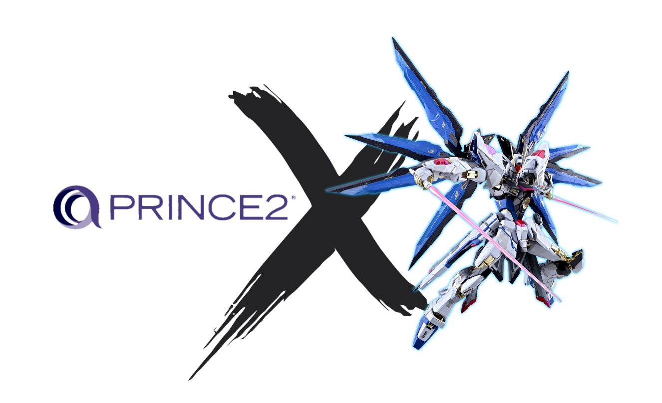 prince 2 logo and strike free gundam with an x inbetween