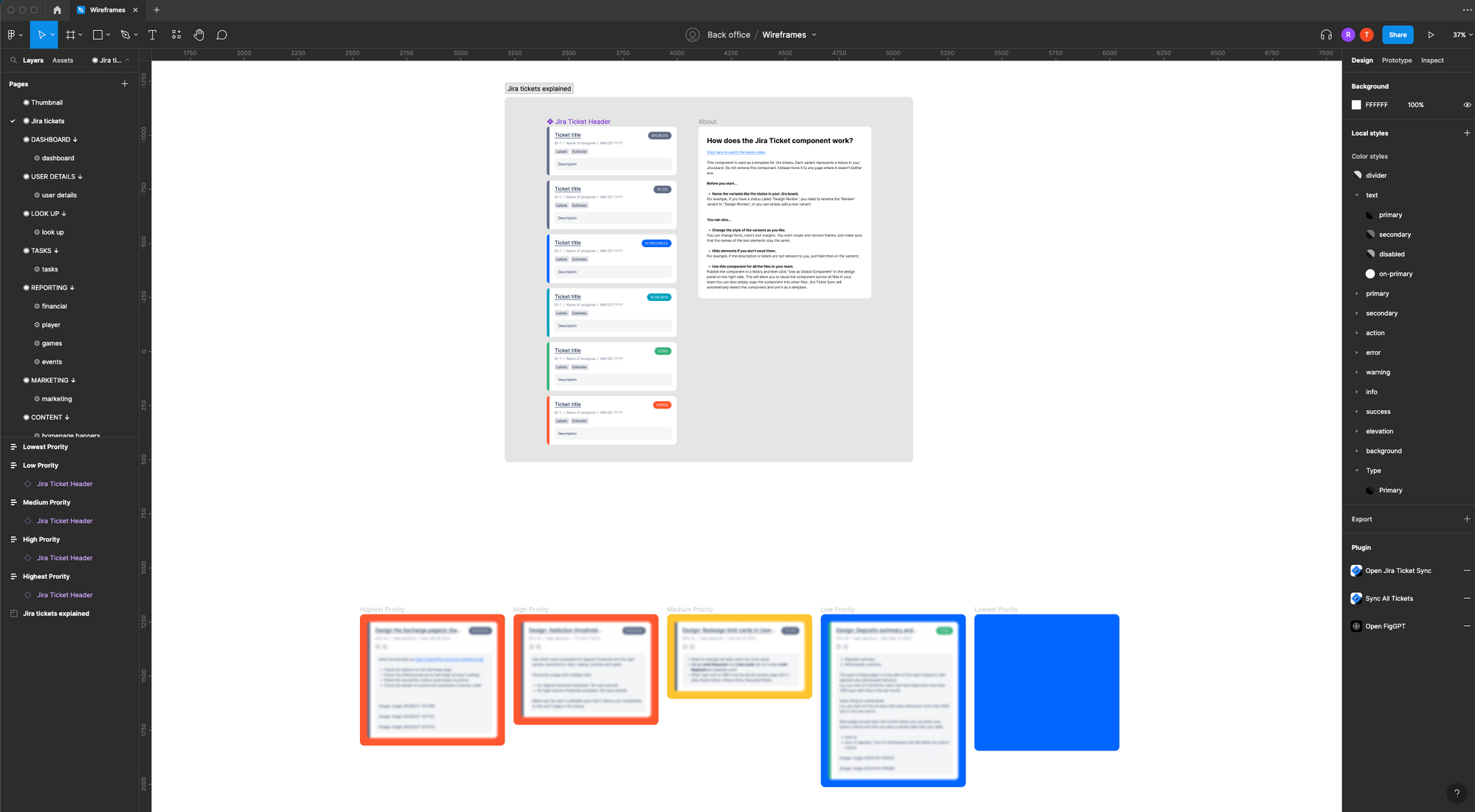 figma page where jira tickets are important and organised by priority